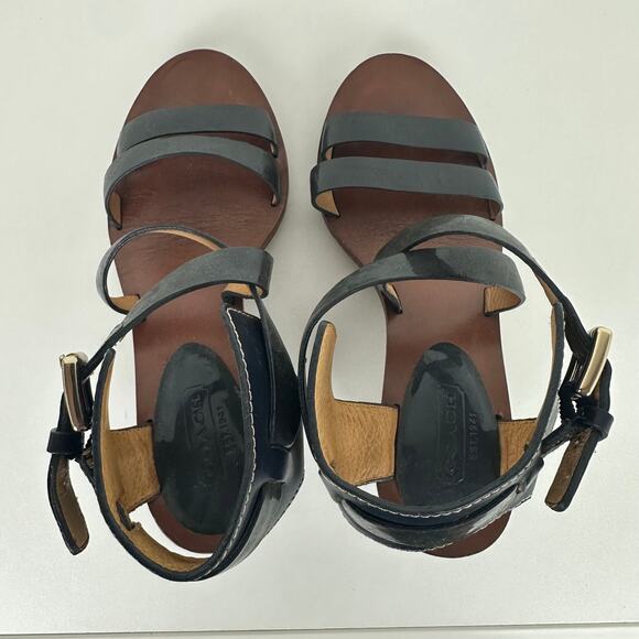 Coach Womens Prue Strappy Wooden Open Round Toe Navy/Brown Heel Wedge Sandals 5B - Picture 4 of 8
